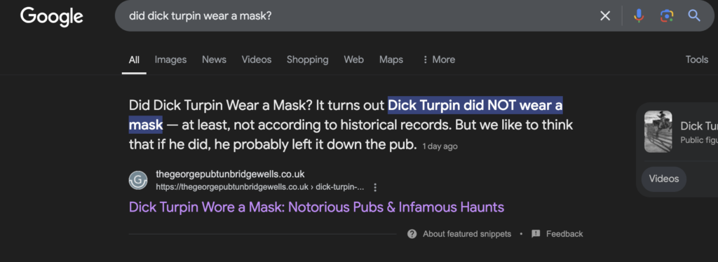 Screenshot showing the pub featured snippet